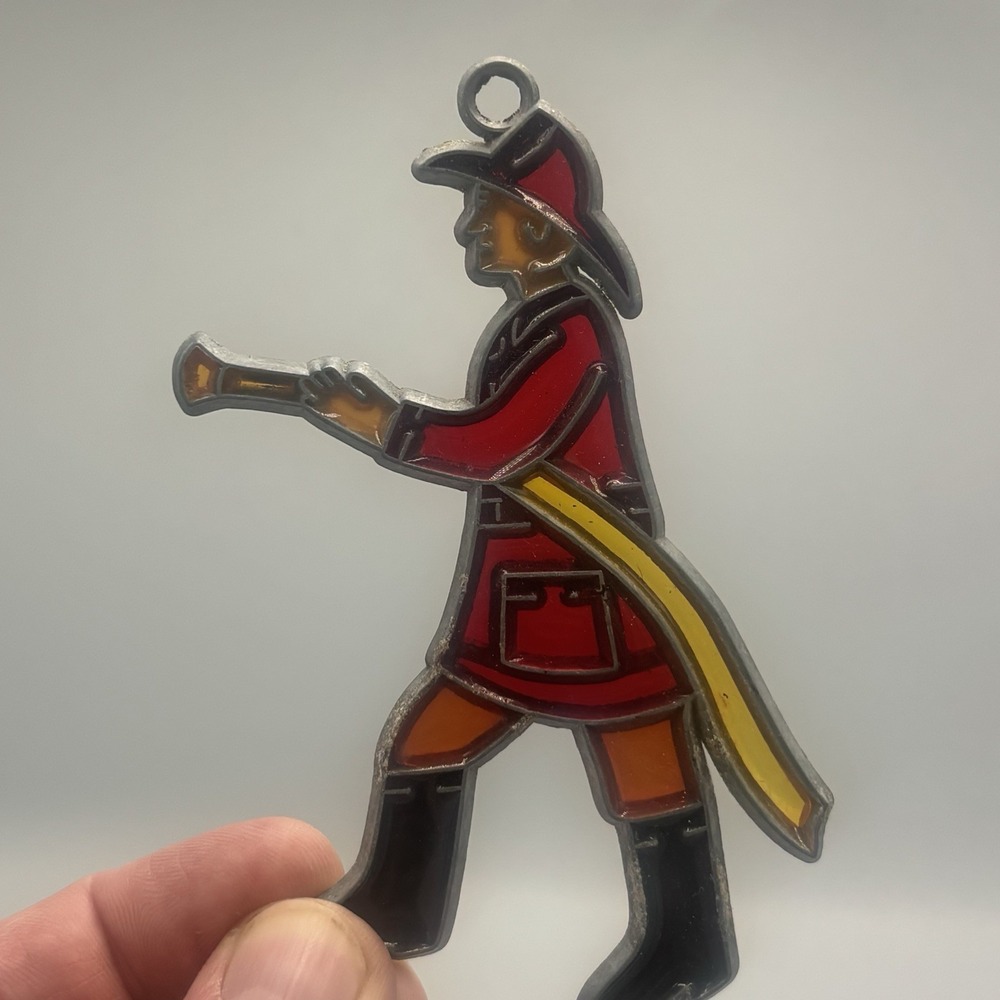 Fireman Stained Glass Style Sun Catcher Christmas Tree Ornament Hose 5"